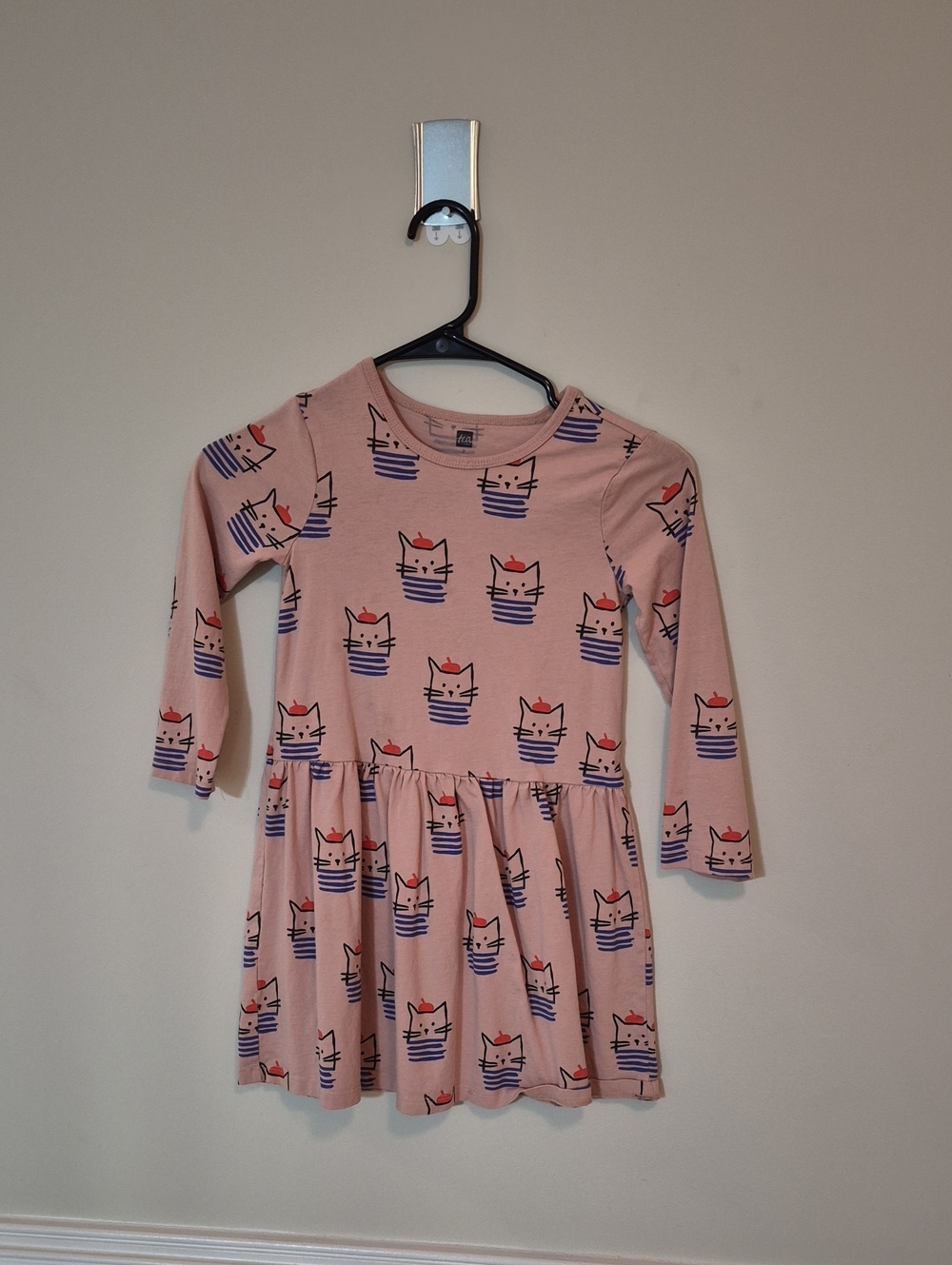 TEA Girls' Pink Cat Inberet Print Long-Sleeve Dress